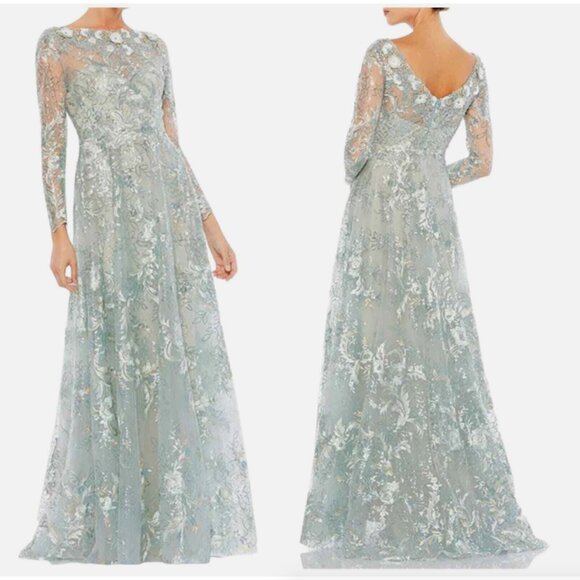 MAC DUGGAL A67498 FLORAL EMBROIDERED ILLUSIONS LONG SLEEVE MIST LONG GOWN sz 6 - Picture 4 of 4